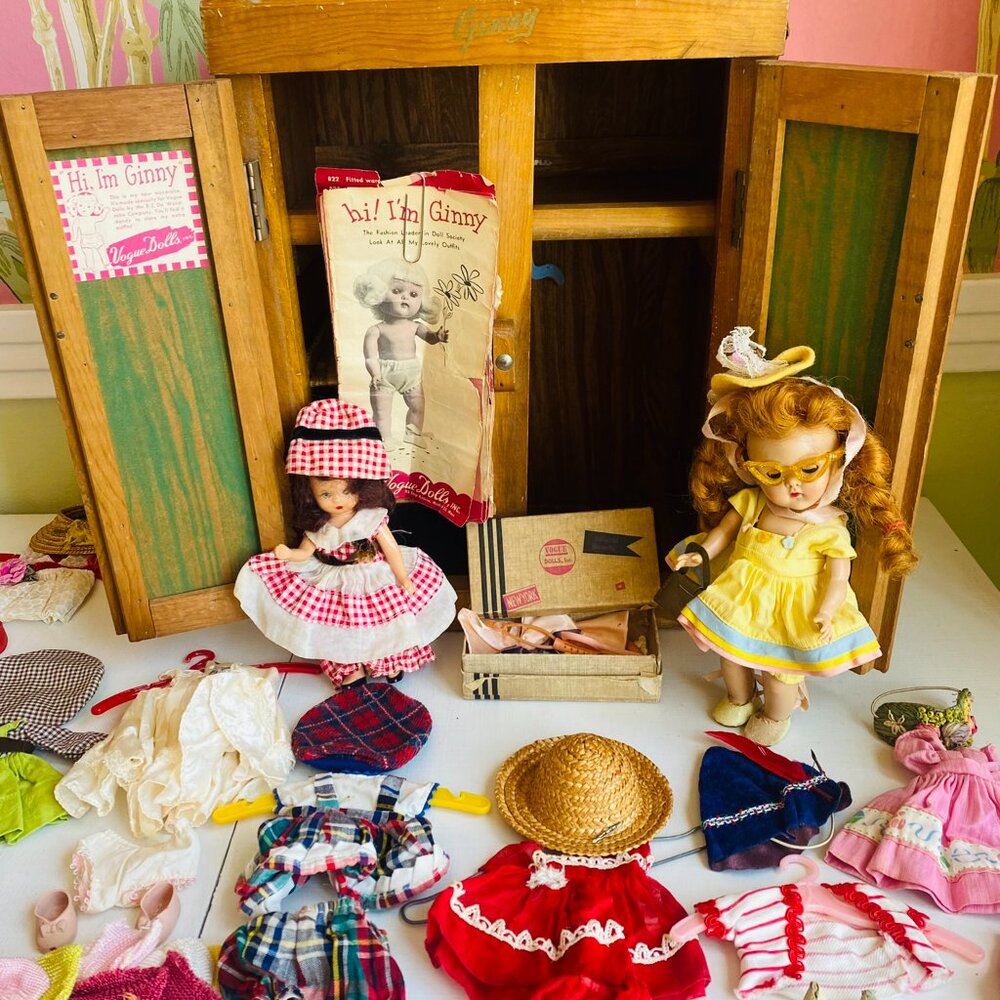 Vintage Ginny Doll 1950's Boxed Wadrobe Set with Two Dolls & Collectible Clothes